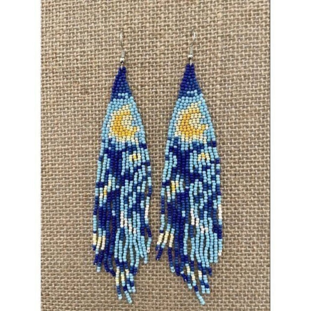 Handmade Miyuki Seed Bead Fringe Dangling Earrings Crescent Moon Blue Skies NWT